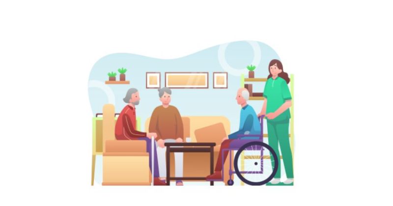 おじいさんを車椅子に乗せている女の人とソファに座っている高齢者